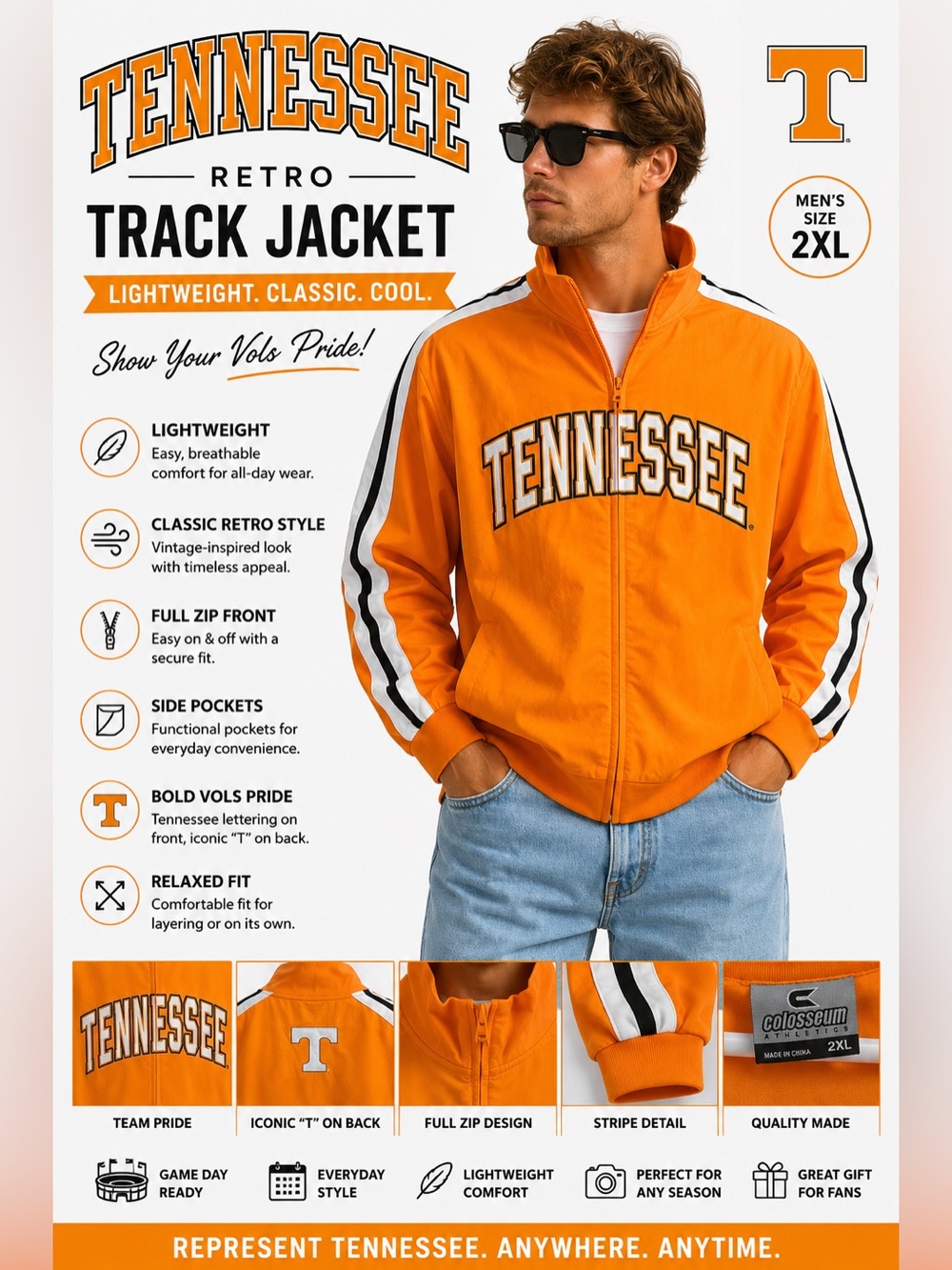 Tennessee Volunteers Track Jacket Lightweight Full Zip Colosseum Athletics 2XL